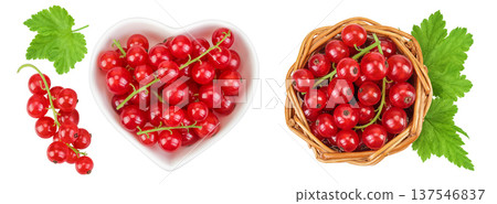 Red currant berries in a ceramic bowl isolated on white background. Top view. Flat lay 137546837
