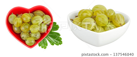 Green gooseberry in a ceramic bowl isolated on white background with full depth of field. Top view. Flat lay. Green gooseberry in a ceramic bowl isolated on white background with full depth of field. Top view. Flat lay. 137546840