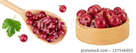 Red gooseberry in wooden bowl and spoon isolated on white background. Top view. Flat lay. Red gooseberry in wooden bowl and spoon isolated on white background. Top view. Flat lay. 137546883