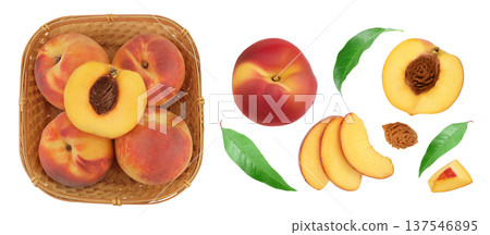 Ripe peach fruit with half in a wicker basket isolated on white background with full depth of field. Top view. Flat lay Ripe peach fruit with half in a wicker basket isolated on white background with full depth of field. Top view. Flat lay 137546895
