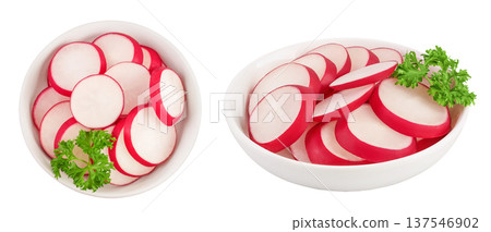 Radish slices in ceramic bowl isolated on white background. Top view. Flat lay Radish slices in ceramic bowl isolated on white background. Top view. Flat lay 137546902