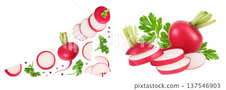 Radish with slices isolated on white background. Top view. Flat lay 137546903