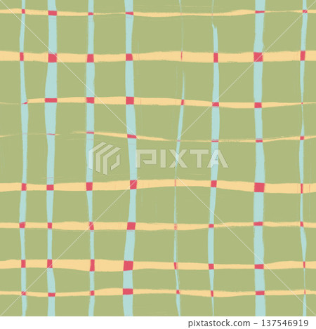 Abstract seamless pattern with blue, yellow, red check stripes and green background. Hand painted illustration for design, print, fabric or background. 137546919