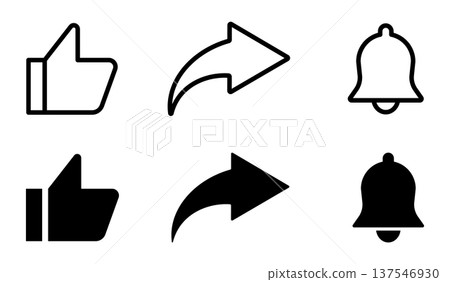 Like share and notification bell. Social media interface icons set with like share and notification bell symbols simple outline and solid style collection for mobile app web interface user interaction Like share and notification bell. Social media interface icons set with like share and notification bell symbols simple outline and solid style collection for mobile app web interface user interaction 137546930
