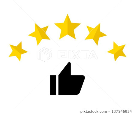 Five star rating with thumbs up icon customer satisfaction feedback concept quality review score approval symbol service reputation evaluation success recognition 137546934