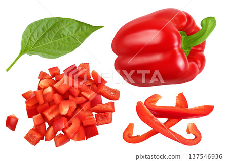 diced of red sweet bell pepper isolated on white background. Top view. Flat lay 137546936