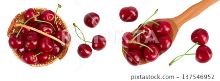 red sweet cherry in wicker basket and wooden spoon isolated on white background with full depth of field, Top view. Flat lay 137546952