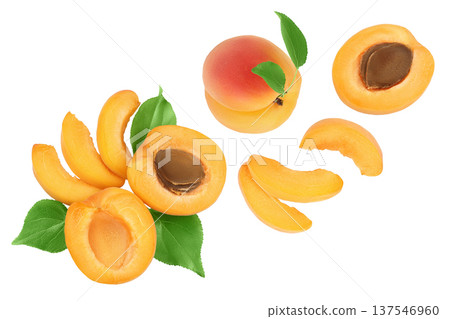 apricot fruit with half and slices isolated on white background. Clipping path. Top view. Flat lay 137546960