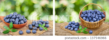 fresh ripe blueberry with leaf in wooden spoon isolated on table and white background. Top view. Flat lay pattern fresh ripe blueberry with leaf in wooden spoon isolated on table and white background. Top view. Flat lay pattern 137546966