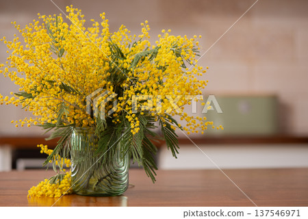 Beautiful yellow mimosa flower in the modern green glass vase, spring decoration concept in the modern kitchen interior. Cozy spring composition is good for Easter celebration and seasonal decor. Beautiful yellow mimosa flower in the modern green glass vase, spring decoration concept in the modern kitchen interior. Cozy spring composition is good for Easter celebration and seasonal decor. 137546971