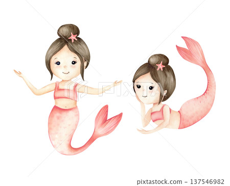 Watercolor Mermaid little girl Clip art - Cute Mermaid Collection. 137546982