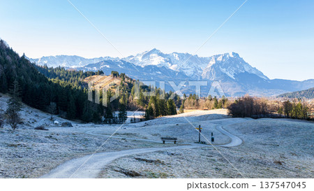 Wide alpine mountain panorama with snowy Bavarian Alps and frosty countryside landscape Wide alpine mountain panorama with snowy Bavarian Alps and frosty countryside landscape 137547045