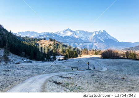Alpine hiking trail across frosty meadow with mountain ridge near Garmisch-Partenkirchen, Bavaria Germany Alpine hiking trail across frosty meadow with mountain ridge near Garmisch-Partenkirchen, Bavaria Germany 137547048