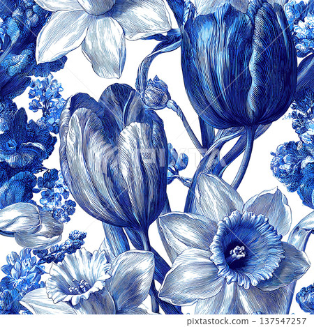 Blue Seamless Botanical Vintage Inspired Toile Pattern 137547257