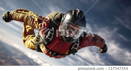 Skydiver in focused flight captures the thrill of parachuting in clear blue skies 137547354