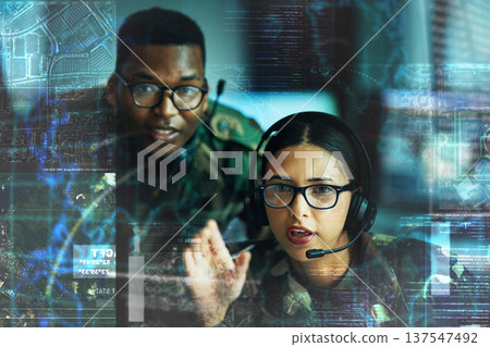 Military, communication and double exposure with a user team online for location or tactical strategy. Map, dashboard or interface with a young army people talking to a soldier on a secure headset Military, communication and double exposure with a user team online for location or tactical strategy. Map, dashboard or interface with a young army people talking to a soldier on a secure headset 137547492
