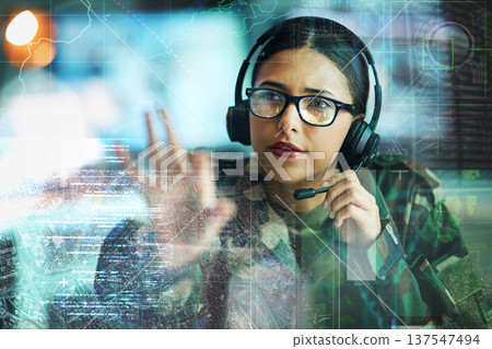 Military, communication and double exposure with a woman user online for location or tactical strategy. Map, dashboard or interface with a young army person talking to a soldier on a secure headset 137547494