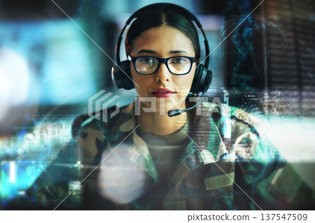 Portrait, military communication and double exposure with a woman user online for location or tactical strategy. Map, dashboard or interface with a young army person talking to a soldier on a headset Portrait, military communication and double exposure with a woman user online for location or tactical strategy. Map, dashboard or interface with a young army person talking to a soldier on a headset 137547509