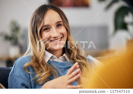 Happy woman on couch with smile for therapy, advice and help with trust, psychology and healthcare. Conversation, support and girl on sofa with therapist, psychologist and mental health counselling. Happy woman on couch with smile for therapy, advice and help with trust, psychology and healthcare. Conversation, support and girl on sofa with therapist, psychologist and mental health counselling. 137547510