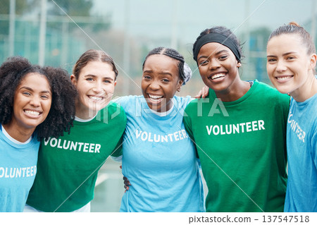 Happy women, portrait and volunteers in sports fitness, netball or outdoor exercise together for community. Group of athletic players smile and hug in team sport, motivation or volunteering on court Happy women, portrait and volunteers in sports fitness, netball or outdoor exercise together for community. Group of athletic players smile and hug in team sport, motivation or volunteering on court 137547518