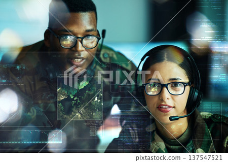 Army, communication and double exposure with a user team online for location or tactical strategy. Map, dashboard or interface with a young military people talking to a soldier on a secure headset Army, communication and double exposure with a user team online for location or tactical strategy. Map, dashboard or interface with a young military people talking to a soldier on a secure headset 137547521