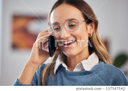 Business woman, phone call and happy communication for marketing, networking and wow for news in office. Employee or worker at creative agency talking on mobile for information or project opportunity Business woman, phone call and happy communication for marketing, networking and wow for news in office. Employee or worker at creative agency talking on mobile for information or project opportunity 137547542