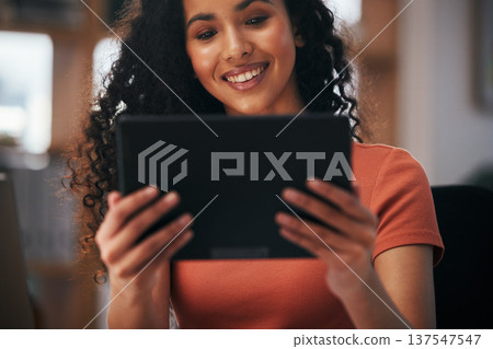 Tablet, office and happy business woman at desk online for social networking, website and internet. Creative agency, data analysis and person on digital tech for planning, research project and agenda Tablet, office and happy business woman at desk online for social networking, website and internet. Creative agency, data analysis and person on digital tech for planning, research project and agenda 137547547
