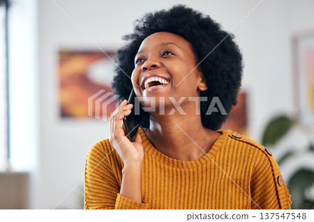 Funny black woman in phone call, talking and conversation with contact at home. African person laughing on smartphone, listening to comedy and news in discussion of meme, communication and excited Funny black woman in phone call, talking and conversation with contact at home. African person laughing on smartphone, listening to comedy and news in discussion of meme, communication and excited 137547548