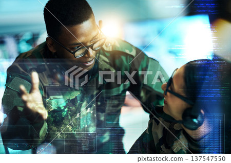 Control room overlay, military and people on computer for surveillance, tracking operation and national security. Army, government and soldiers online for cybersecurity, communication and monitoring Control room overlay, military and people on computer for surveillance, tracking operation and national security. Army, government and soldiers online for cybersecurity, communication and monitoring 137547550
