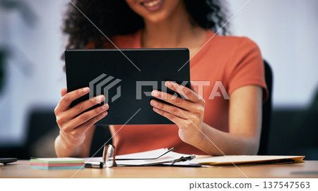 Tablet, office and hands of business person at desk online for social networking, website and internet. Creative agency, data analysis and woman on digital tech for planning, research and agenda Tablet, office and hands of business person at desk online for social networking, website and internet. Creative agency, data analysis and woman on digital tech for planning, research and agenda 137547563