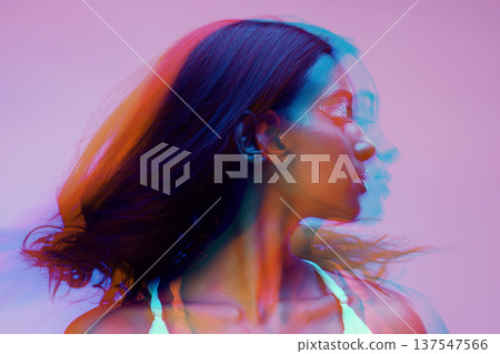 Neon, double exposure and woman with art deco, creative and colog lighting for style in studio. Female model, cosmetics and overlay with glow, makeup and person with freedom and pink background Neon, double exposure and woman with art deco, creative and colog lighting for style in studio. Female model, cosmetics and overlay with glow, makeup and person with freedom and pink background 137547566