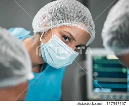 Portrait, healthcare and a woman surgeon in an operation at the hospital for emergency care closeup. Medical, face and mask for safety with a confident young doctor in a medicine clinic for surgery 137547567