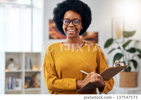 Portrait, therapist and happy black woman with checklist for counselling in office. Face smile, psychologist in glasses and clipboard for therapy session, psychology counsellor or professional doctor Portrait, therapist and happy black woman with checklist for counselling in office. Face smile, psychologist in glasses and clipboard for therapy session, psychology counsellor or professional doctor 137547573