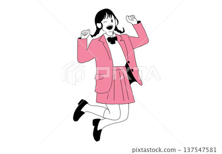 Illustration of a high school girl jumping with her face and making a fist pump. Success and youth. Hand-drawn vector material. Illustration of a high school girl jumping with her face and making a fist pump. Success and youth. Hand-drawn vector material. 137547581