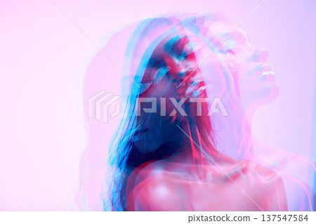 Neon light, double exposure and woman with art deco, creative and color lighting for style in studio. Female model, cosmetics and overlay with glow, makeup and person with freedom and pink background Neon light, double exposure and woman with art deco, creative and color lighting for style in studio. Female model, cosmetics and overlay with glow, makeup and person with freedom and pink background 137547584