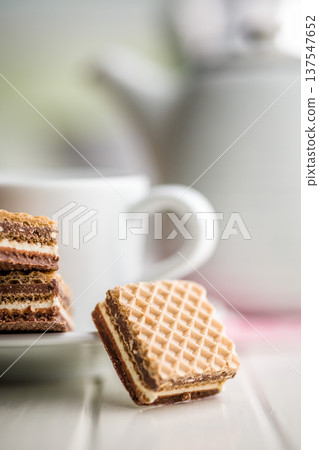 Stacked Chocolate Wafer Cookies With Coffee Cup on Plate. Sweet Crunchy Dessert Snack 137547652