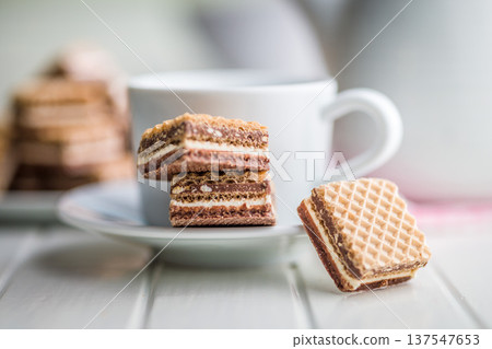 Stacked Chocolate Wafer Cookies With Coffee Cup on Plate. Sweet Crunchy Dessert Snack 137547653