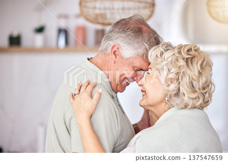 Happy, love and face of senior couple dance at home with trust, care and security, bond and laugh. Retirement, romance and excited man elderly man with woman hug with intimacy, support or security 137547659