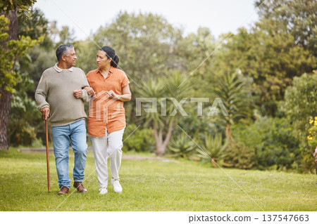 Park, love and mature couple walking, support or outdoor conversation, garden communication or nature mockup space. Trees, wellness care and relax man, woman or marriage people trust, talking or bond 137547663