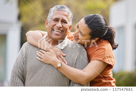 Love, happy and hug with portrait of old couple for support, romance or bonding. Retirement, smile and marriage with senior man and woman in backyard of home for relationship, care and relax together Love, happy and hug with portrait of old couple for support, romance or bonding. Retirement, smile and marriage with senior man and woman in backyard of home for relationship, care and relax together 137547681