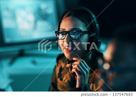 Call center, woman and face with microphone and glasses for information technology, big data or intelligence agency. Person, cyber security and smile for communication, analysis and support to army Call center, woman and face with microphone and glasses for information technology, big data or intelligence agency. Person, cyber security and smile for communication, analysis and support to army 137547683