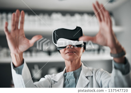 Virtual reality glasses, woman and medical with research, data and scientist with augmented reality. Person, researcher and doctor with VR eyewear, futuristic or healthcare metaverse in a laboratory Virtual reality glasses, woman and medical with research, data and scientist with augmented reality. Person, researcher and doctor with VR eyewear, futuristic or healthcare metaverse in a laboratory 137547720