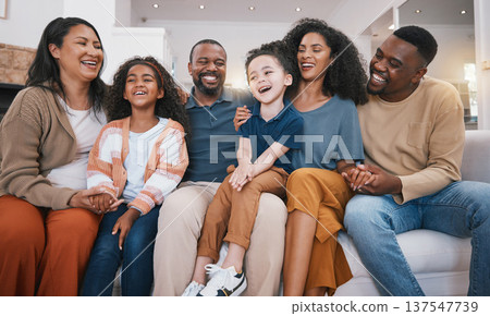 Family, happy grandparents and children on sofa with smile for bonding, relationship and love. Home, living room and senior parents with mother, father and kids together for happiness, joy and relax Family, happy grandparents and children on sofa with smile for bonding, relationship and love. Home, living room and senior parents with mother, father and kids together for happiness, joy and relax 137547739