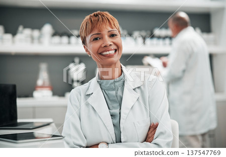 Portrait, science and arms crossed with a woman doctor in the laboratory for research, innovation or breakthrough. Medical, study and smile with a mature scientist working in a pharmaceutical lab 137547769