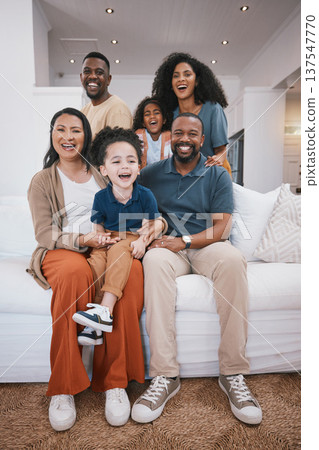 Happy family, grandparents and portrait of children on sofa smile for bonding, relationship and love. Home, living room and senior parents with mom, dad and kids together for happiness, joy and relax 137547770