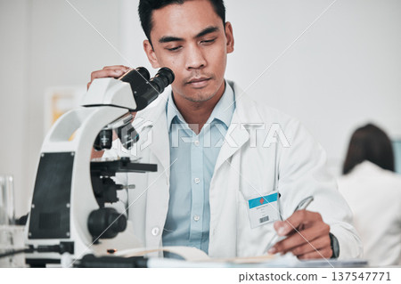 Science, microscope and man writing data, test results and research report for medical analysis of DNA in laboratory. Biotechnology scientist or doctor with checklist, documetns or healthcare study 137547771