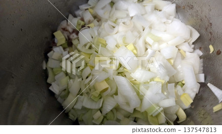 Chopped onions and leeks in a cooking pot for delicious oxtail stew recipe Chopped onions and leeks in a cooking pot for delicious oxtail stew recipe 137547813