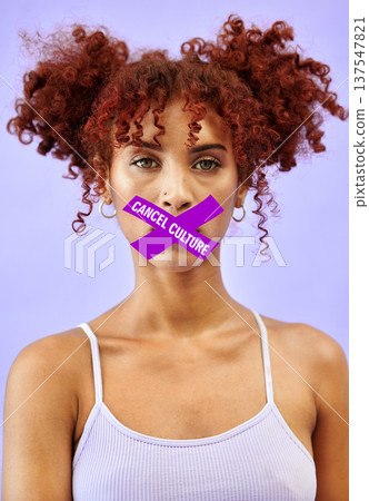 Cancel culture, overlay and silence with portrait of woman with tape in studio for censorship, social media and cyber bullying. Free speech, opinion and voice with person on purple background 137547821