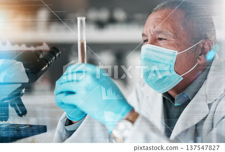 Medical, research and man with hologram, vial and science with mask, biotech and healthcare. Senior person, researcher and scientist with gloves, holographic and test tube with microscope and results Medical, research and man with hologram, vial and science with mask, biotech and healthcare. Senior person, researcher and scientist with gloves, holographic and test tube with microscope and results 137547827