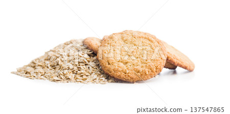 Oatmeal Cookies With Rolled Oats On White Background .Homemade Crunchy Breakfast Snack 137547865